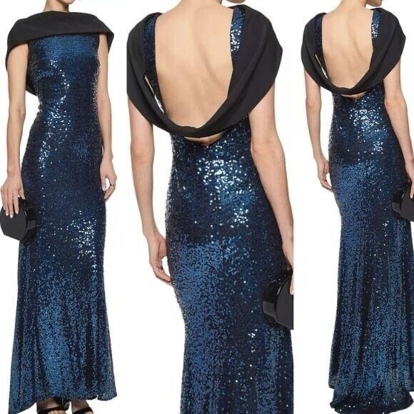 Badgley‎ Mischka Sapphire Sequin Gown Maxi Low Back Dress $770 - Size 6